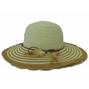 Dark Beige Ladies Capeline with Feathers and Stripes on Tabs