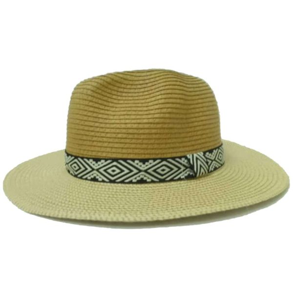 Yellow Unisex Thin Straw Hat with Ribbon with Rhombuses