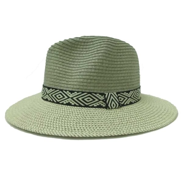 Gray Unisex Thin Straw Hat with Ribbon with Rhombuses