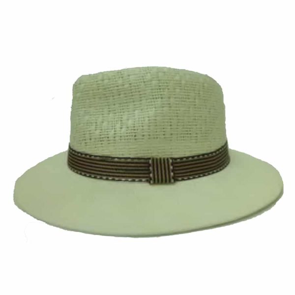 White Man Hat with Black and Gold Striped Ribbon