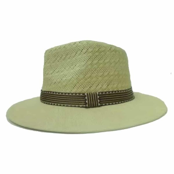 Beige Man Hat with Black and Gold Striped Ribbon