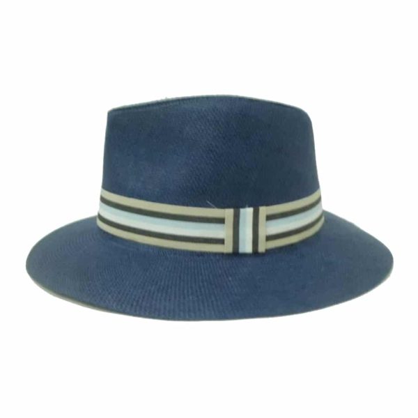 Blue Man Hat Flat Brim with Striped Ribbon
