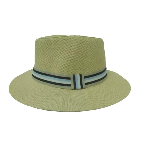 Beige Man Hat Flat Brim with Striped Ribbon
