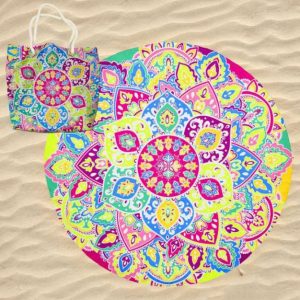 Mandala Psychedelic Lotus Round Microfiber Beach Towel with Bag