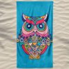 Colorful Owl Microfiber Beach Towel Blue Background