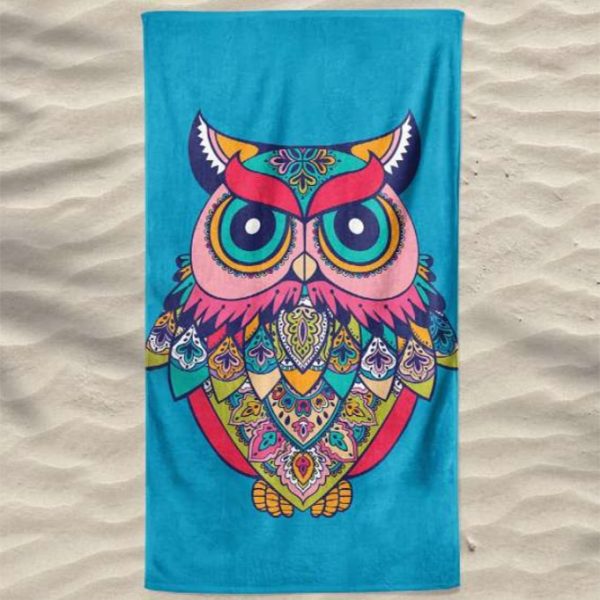 Colorful Owl Microfiber Beach Towel Blue Background