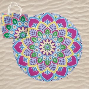 Multicolored Mandala Lotus Round Microfiber Beach Towel with Bag