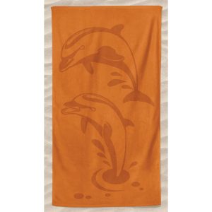 Plain Microfiber Beach Towel Two Dolphins Embossed Orange
