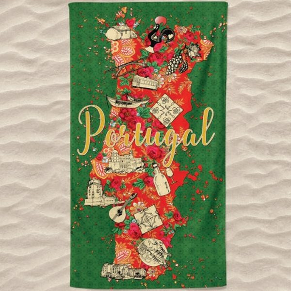 Microfiber Beach Towel Map of Portugal Green Background Symbols of the Regions