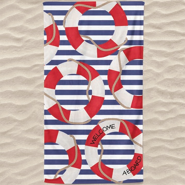 Microfiber Beach Towel Stripes Buoys Welcome Aboard